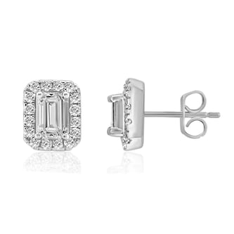 Mayors 18k White Gold 1.00cttw Emerald Cut and Round Diamond Halo Stud Earrings Mayors 18k White Gold 1.00cttw Emerald Cut and Round Diamond Halo Stud Earrings
