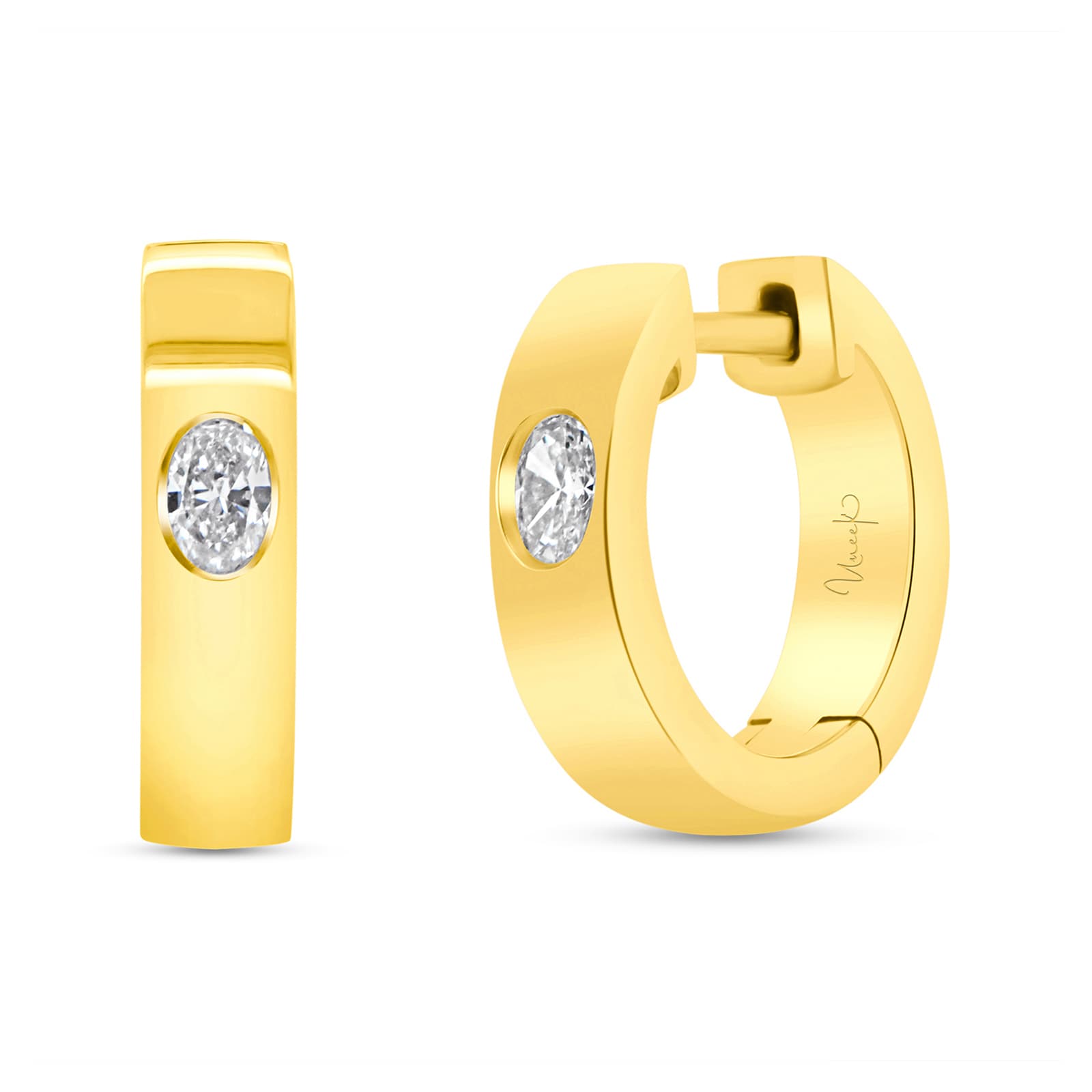 18k Yellow Gold Exclusive 0.20cttw Oval Cut Diamond 14mm Huggie Earrings