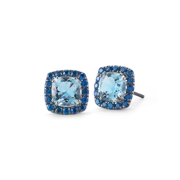 Betteridge 18k Black Gold Dynamite Aquamarine and Sapphire Halo Stud Earrings