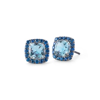 Betteridge 18k Black Gold Dynamite Aquamarine and Sapphire Halo Stud Earrings