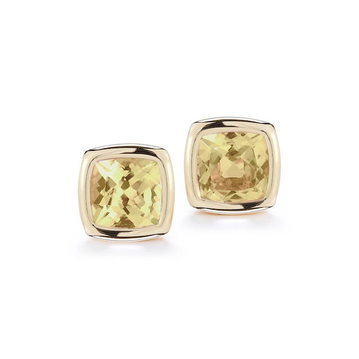 Betteridge 18k Yellow Gold Gaia 9mm Cushion Cut Bezel Set Citrine Stud Earrings