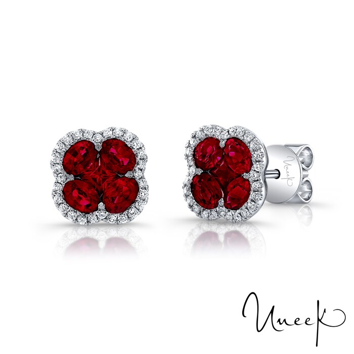 Uneek 18k White Gold Ruby and 0.21cttw Diamond Halo Stud Earrings
