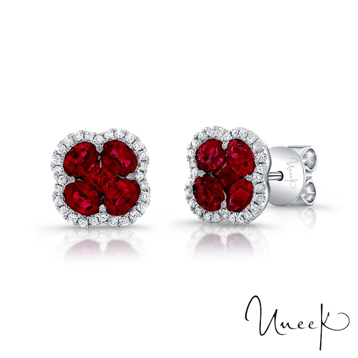 Uneek 18k White Gold Ruby and 0.21cttw Diamond Halo Stud Earrings