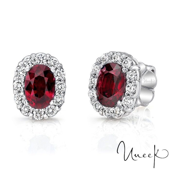 Uneek 18k White Gold 1.08cttw Ruby and 0.42cttw Diamond Halo Stud Earrings