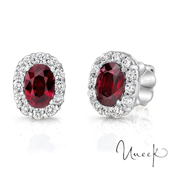 Uneek 18k White Gold 1.08cttw Ruby and 0.42cttw Diamond Halo Stud Earrings