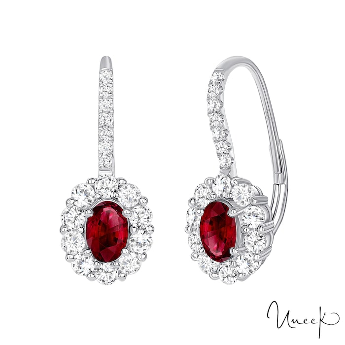 Uneek 18k White Gold 1.04cttw Ruby and 0.92cttw Diamond Halo Drop Earrings