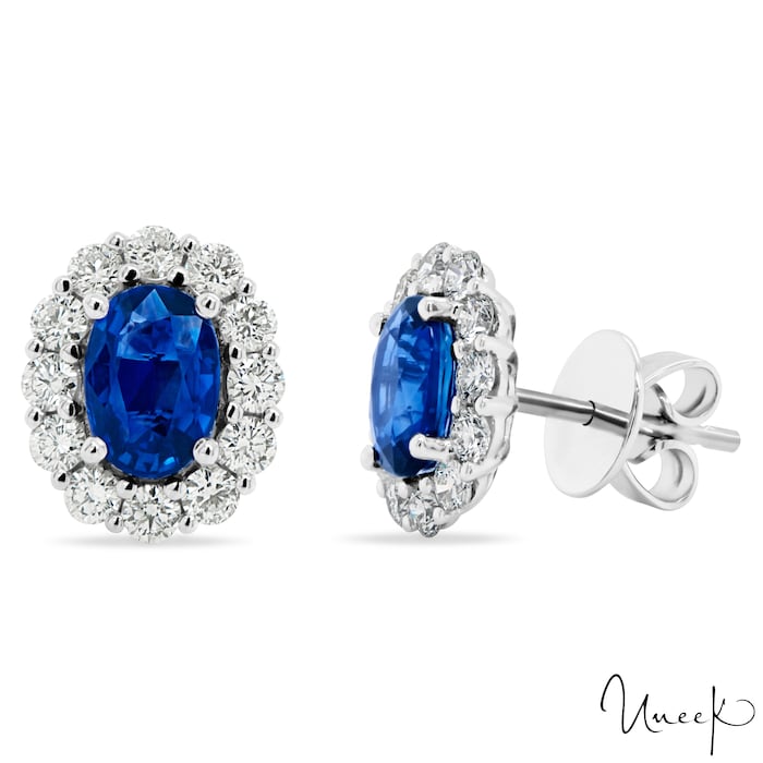 Uneek 18k White Gold 1.84cttw Sapphire and 0.80cttw Diamond Halo Stud Earrings