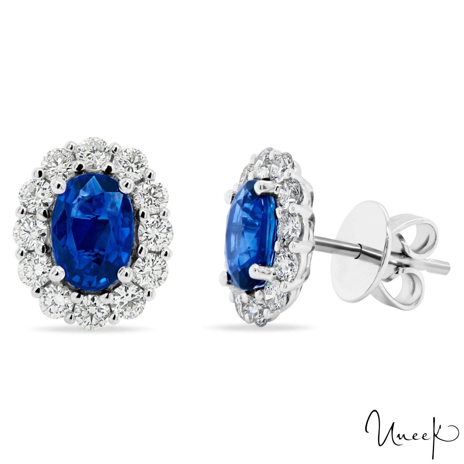 Uneek 18k White Gold 1.84cttw Sapphire and 0.80cttw Diamond Halo Stud Earrings