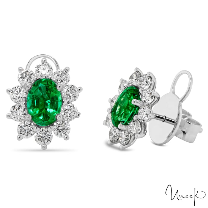 Uneek 18k White Gold 1.42cttw Emerald and 1.27cttw Diamond Halo Stud Earrings