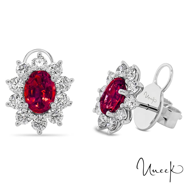 Uneek 18k White Gold 1.42cttw Ruby and 1.27cttw Diamond Halo Earrings