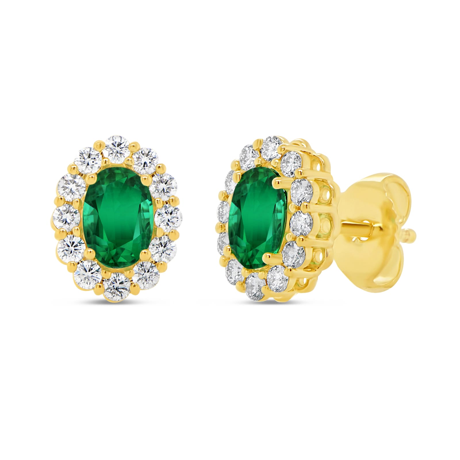 WOS 18K Yellow Gold Emerald & Diamond Stud Earrings