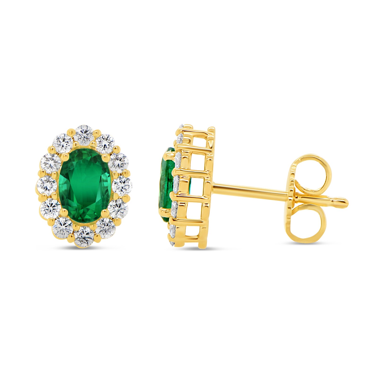 WOS 18K Yellow Gold Emerald & Diamond Stud Earrings