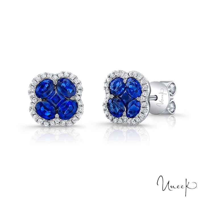 Uneek 18k White Gold 1.81cttw Sapphire and 0.20cttw Diamond Halo Stud Earrings