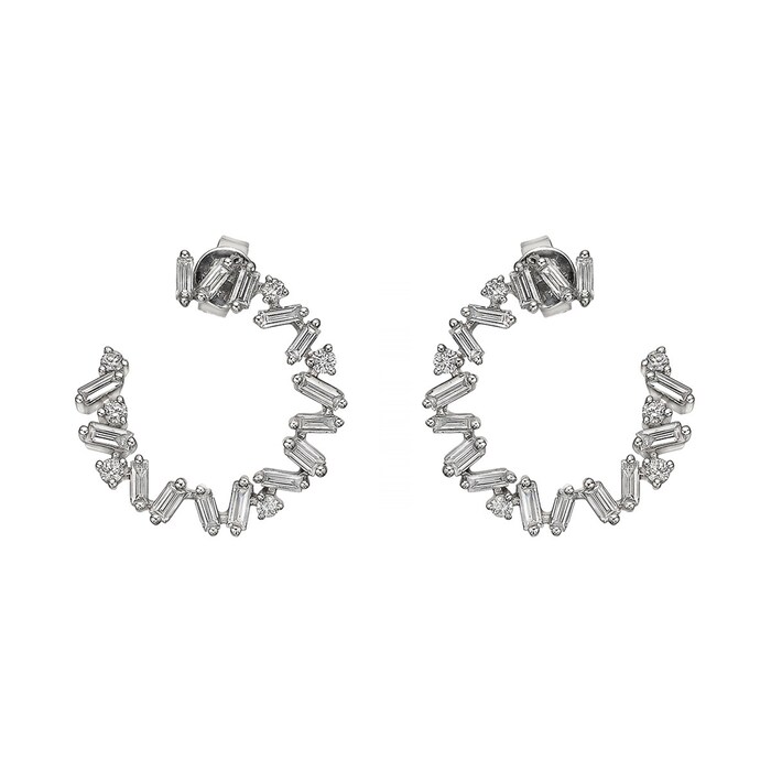 Uneek 18k White Gold 0.88cttw Baguette and Round Diamond Side Hoop Earrings