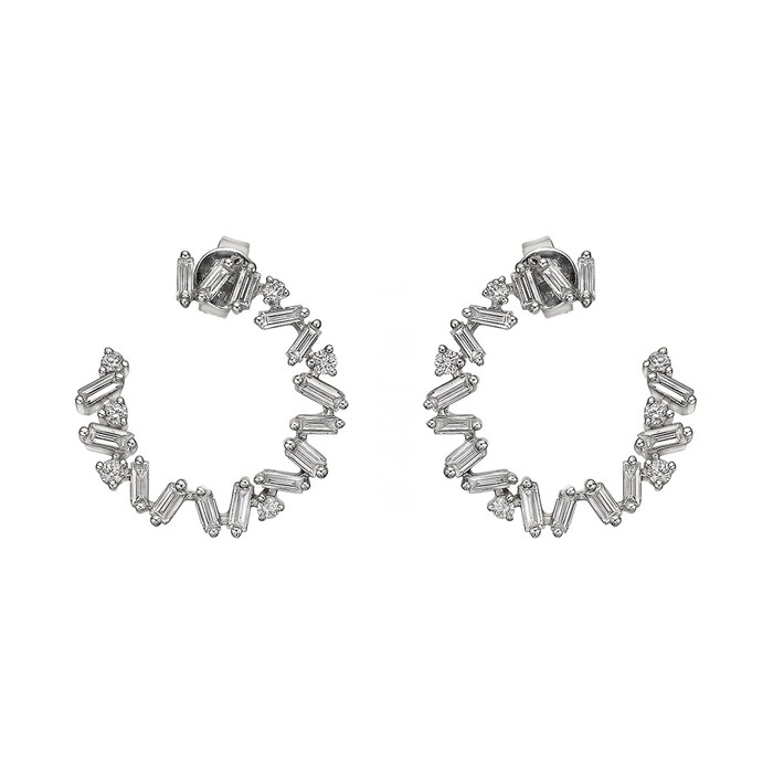 Uneek 18k White Gold 0.88cttw Baguette and Round Diamond Side Hoop Earrings