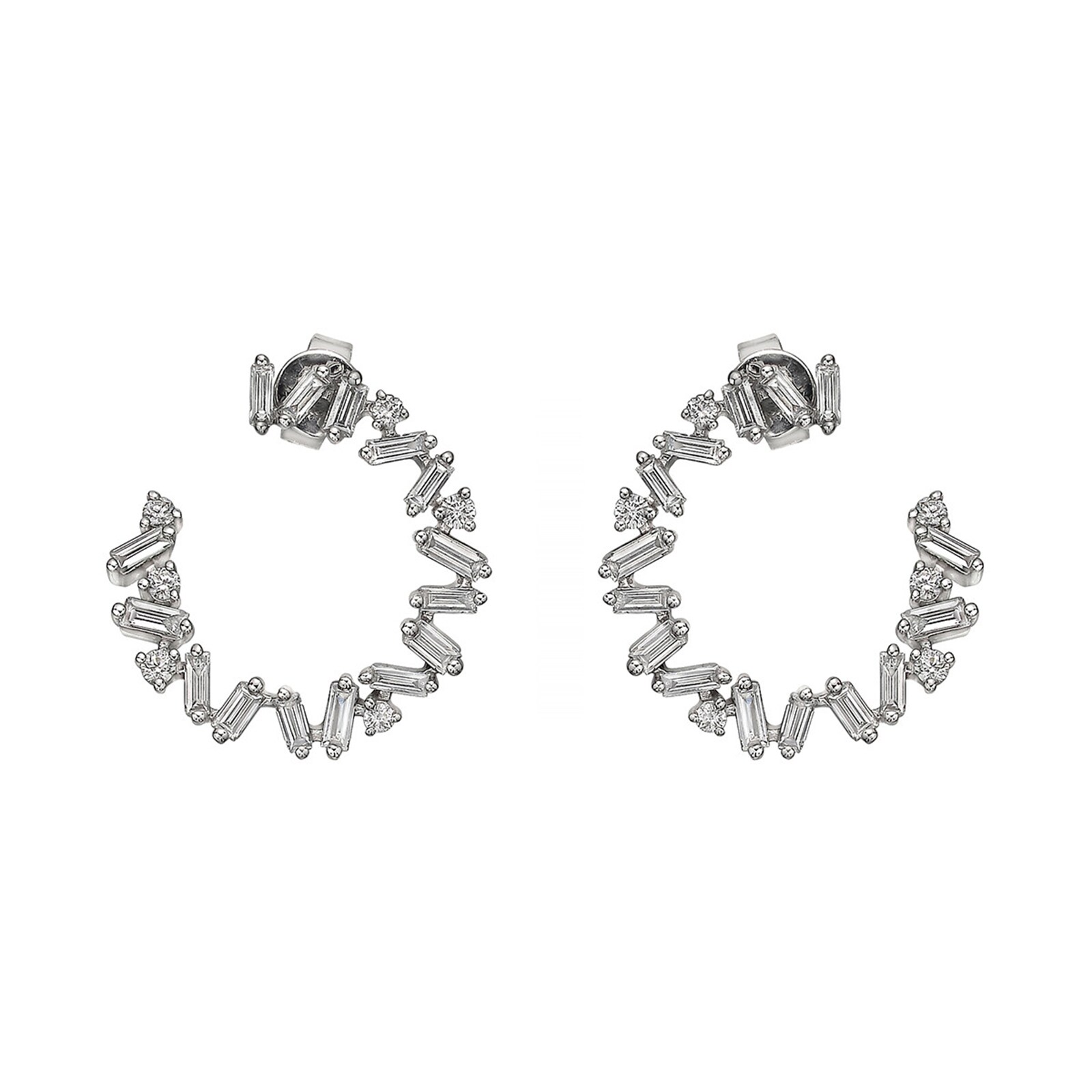 Uneek 18k White Gold 0.88cttw Baguette and Round Diamond Side Hoop Earrings