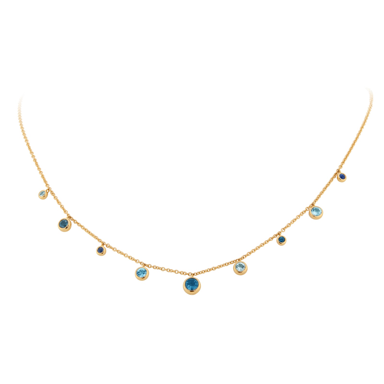Goldsmiths 18ct Yellow Gold Sapphire Aquamarine and Blue Topaz Bezel Set Necklace