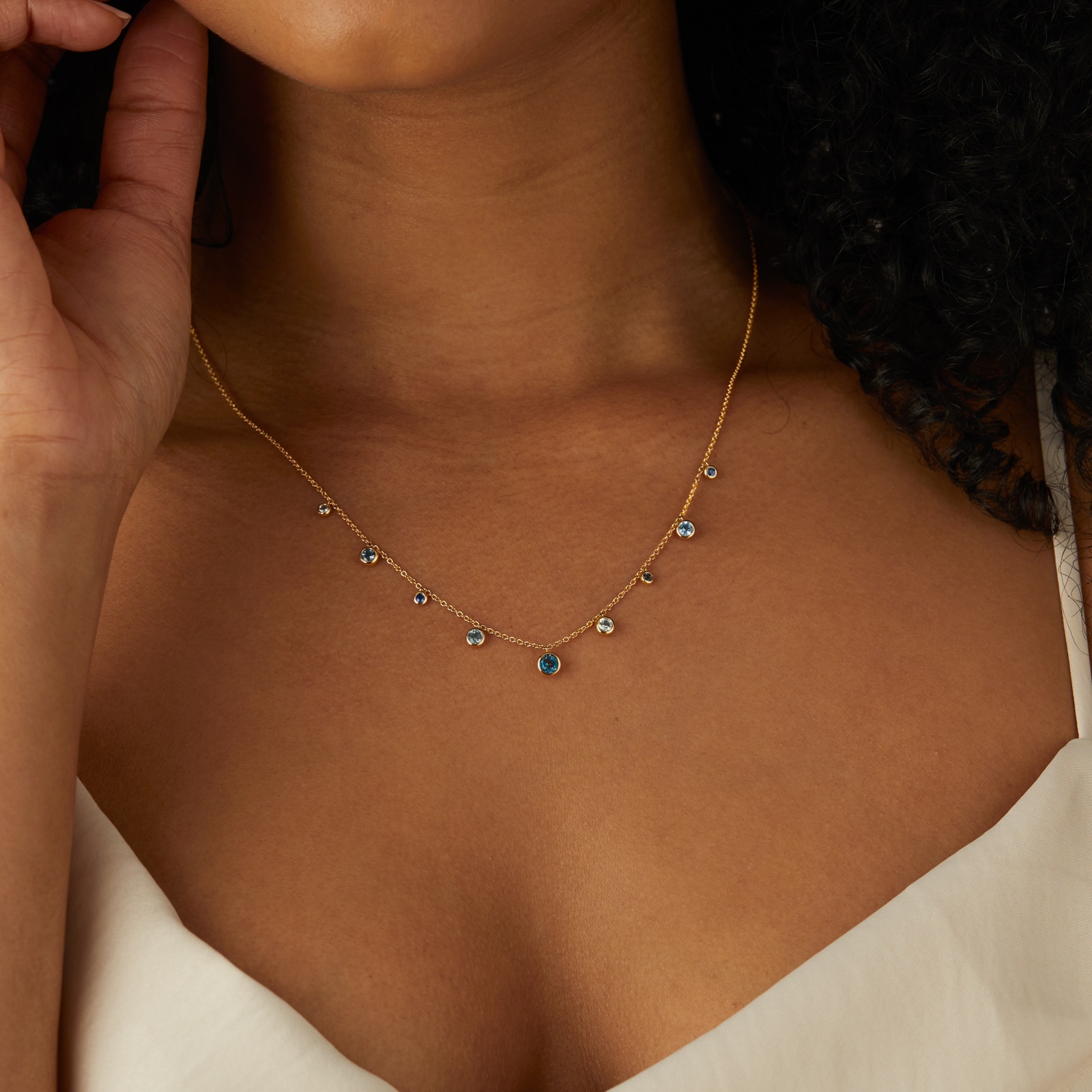 Goldsmiths 18ct Yellow Gold Sapphire Aquamarine and Blue Topaz Bezel Set Necklace