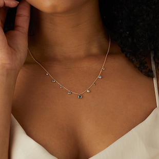 Goldsmiths 18ct Yellow Gold Sapphire Aquamarine and Blue Topaz Bezel Set Necklace