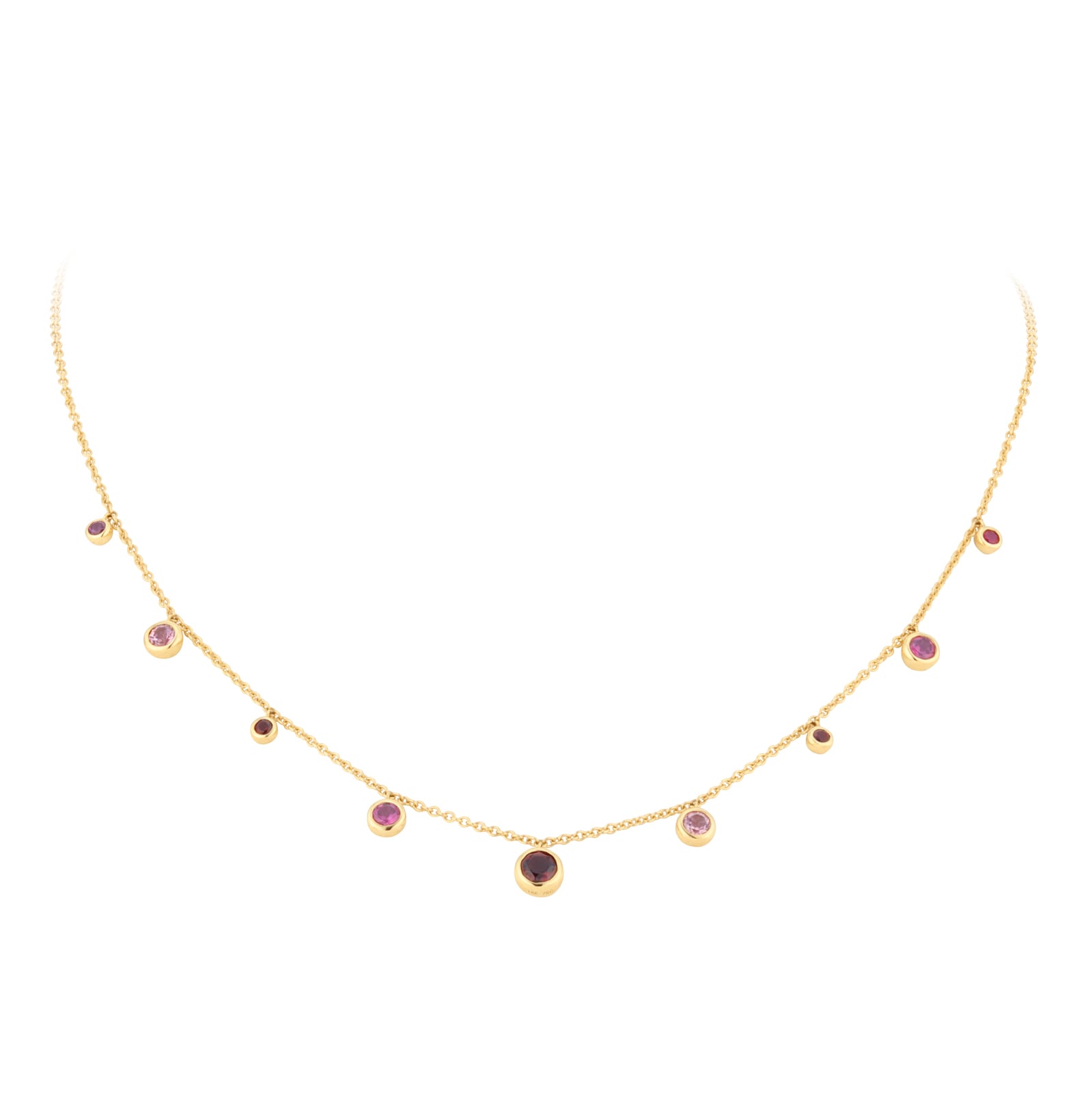 Goldsmiths 18ct Yellow Gold Ruby Garnet and Pink Tourmaline Bezel Set Drop Necklace