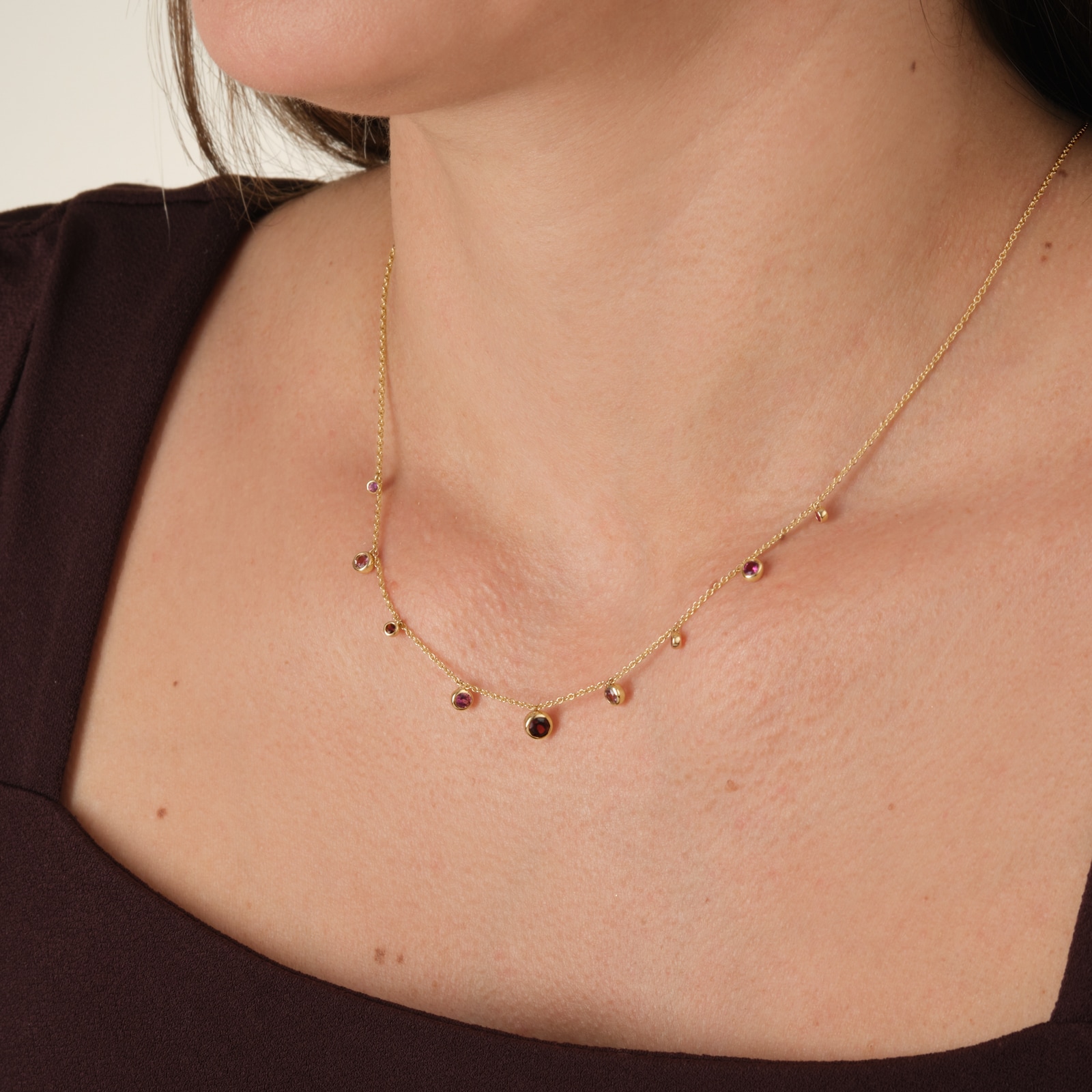 Goldsmiths 18ct Yellow Gold Ruby Garnet and Pink Tourmaline Bezel Set Drop Necklace