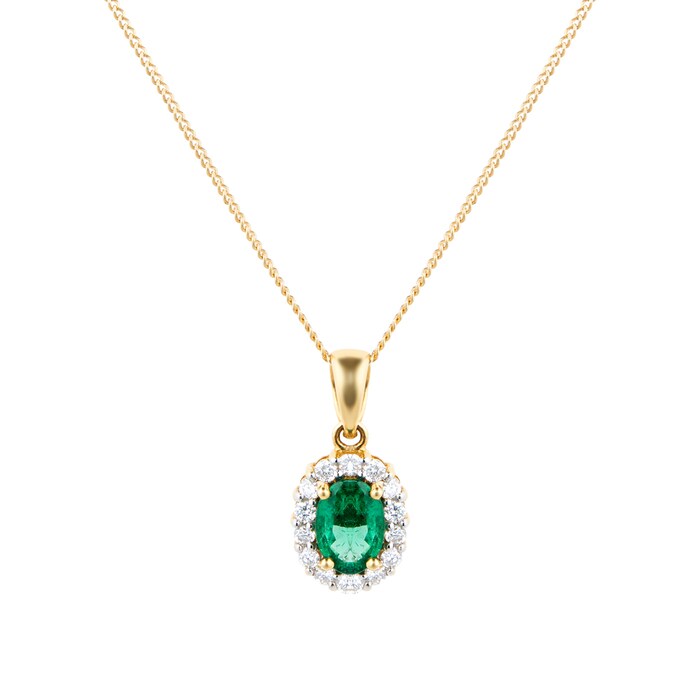 Goldsmiths 18ct Yellow Gold Emerald & Diamond Halo Pendant