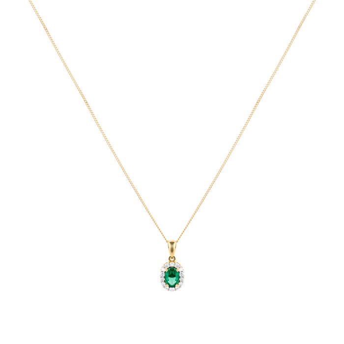 Goldsmiths 18ct Yellow Gold Emerald & Diamond Halo Pendant