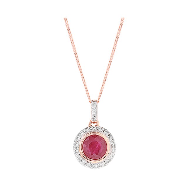 Goldsmiths 9ct Rose Gold Ruby and Diamond Halo Pendant