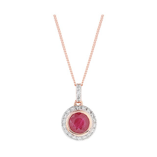 Goldsmiths 9ct Rose Gold Ruby and Diamond Halo Pendant