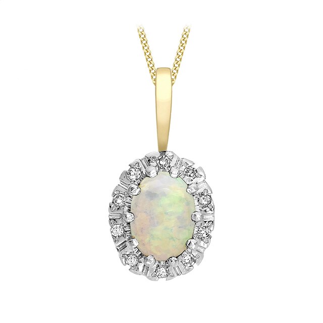 Goldsmiths 9ct Yellow Gold Opal and Diamond Cluster Pendant