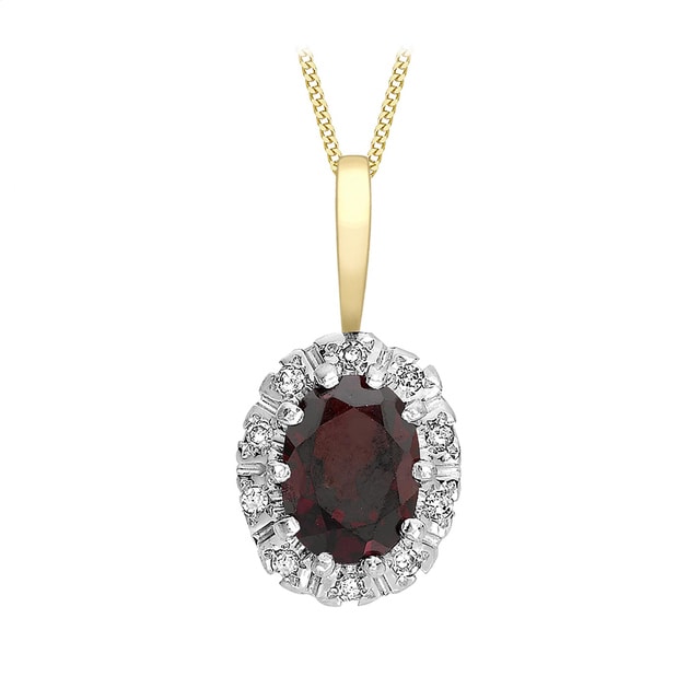 Goldsmiths 9ct Yellow Gold Garnet and Diamond Cluster Pendant