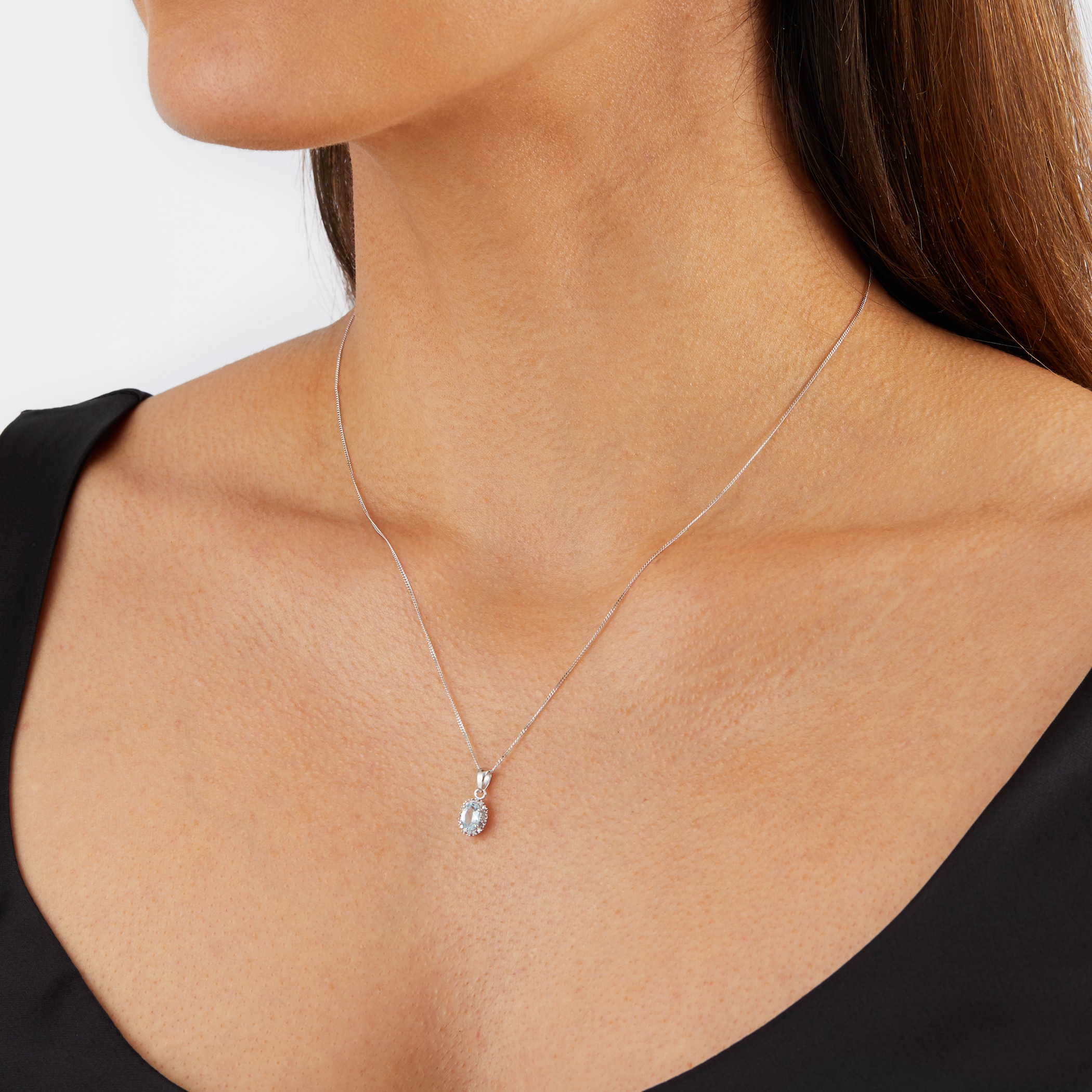 Goldsmiths 9ct White Gold Diamond and Aquamarine Cluster Pendant