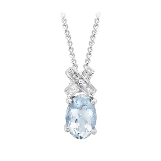 Goldsmiths 9ct White Gold Diamond and Aquamarine Kiss Pendant