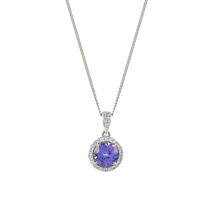 Goldsmiths 9ct White Gold Tanzanite and Diamond Halo Pendant