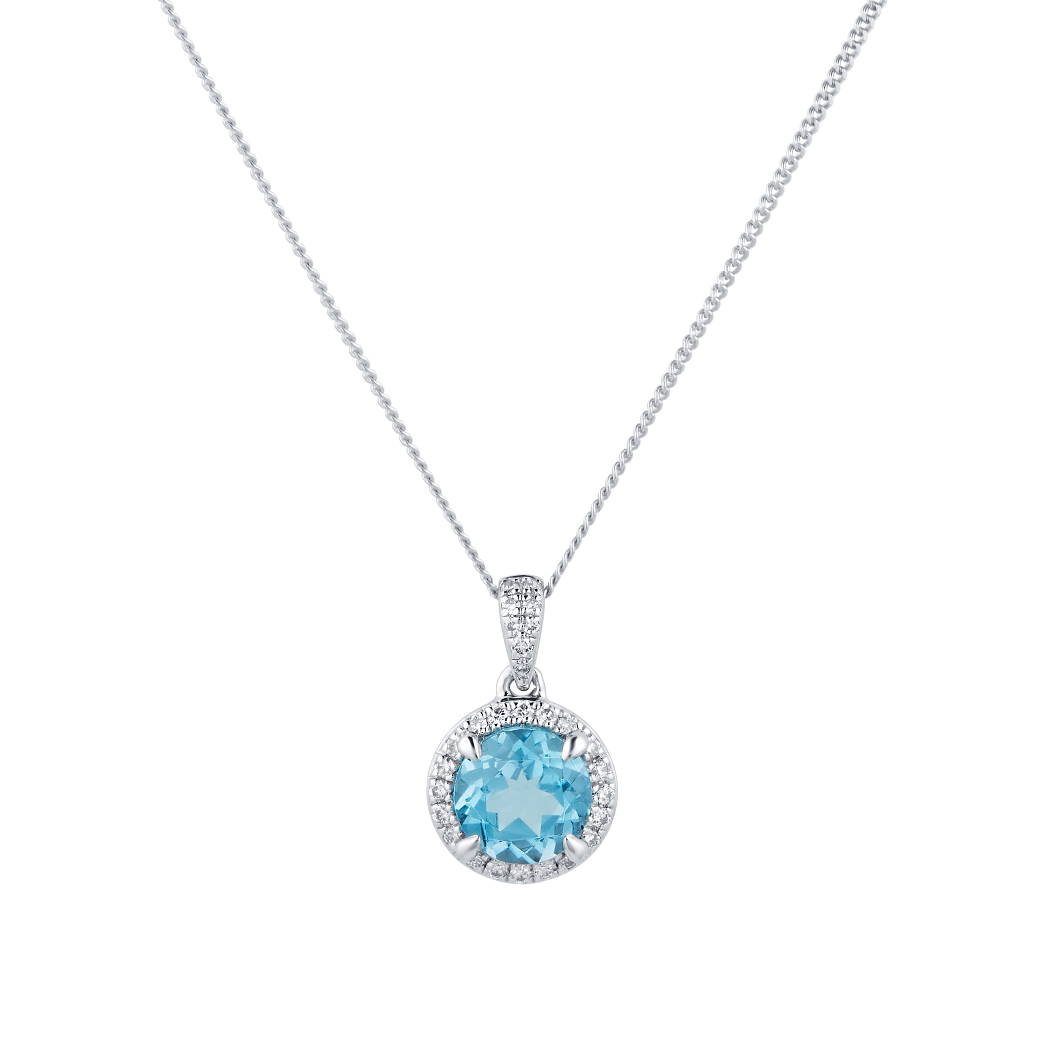 Goldsmiths 9ct White Gold Blue Topaz and Diamond Halo Pendant Goldsmiths 9ct White Gold Blue Topaz and Diamond Halo Pendant
