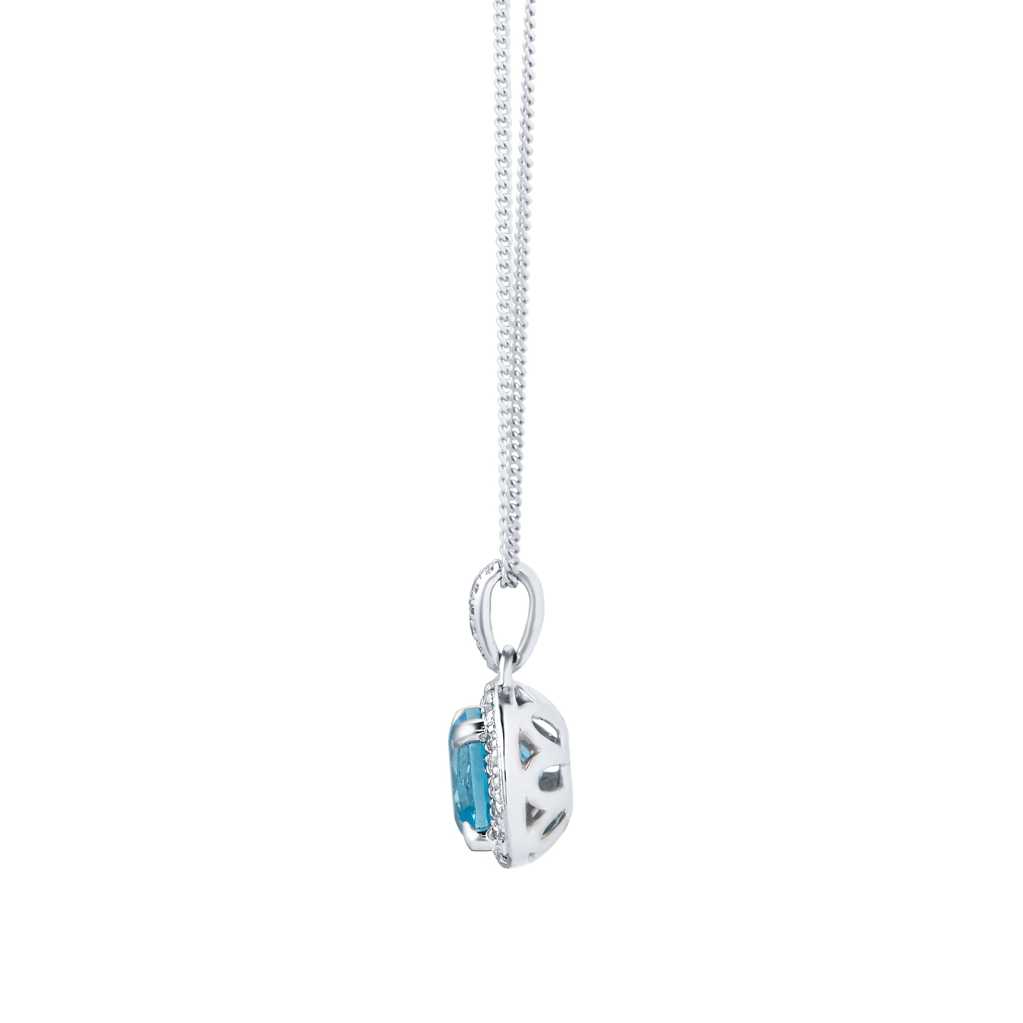 Goldsmiths 9ct White Gold Blue Topaz and Diamond Halo Pendant Goldsmiths 9ct White Gold Blue Topaz and Diamond Halo Pendant