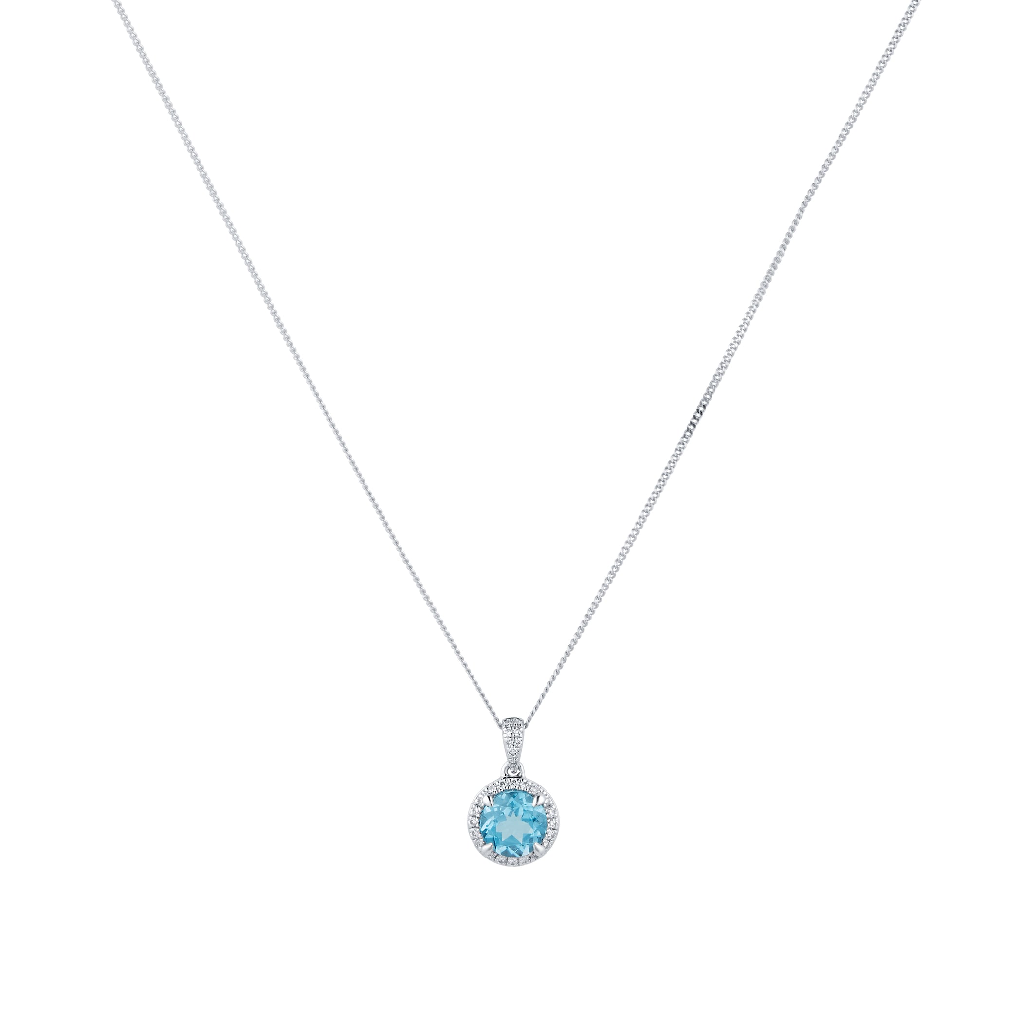 Goldsmiths 9ct White Gold Blue Topaz and Diamond Halo Pendant Goldsmiths 9ct White Gold Blue Topaz and Diamond Halo Pendant