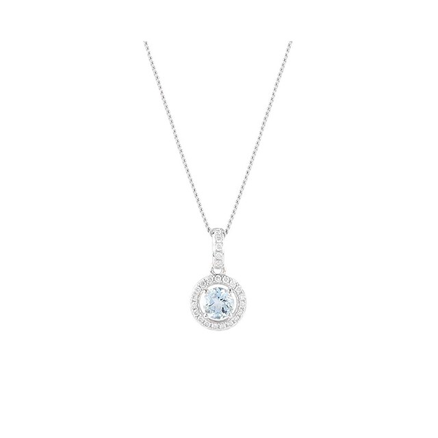 Goldsmiths 9ct White Gold 0.25ct Aquamarine And 0.08ct Diamond Halo Pendant 4x4mm