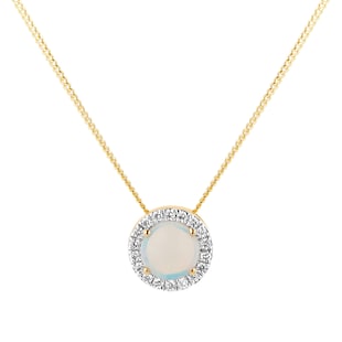 Goldsmiths 9ct Yellow Gold 5.5mm Opal And Diamond 0.11ct Halo Pendant