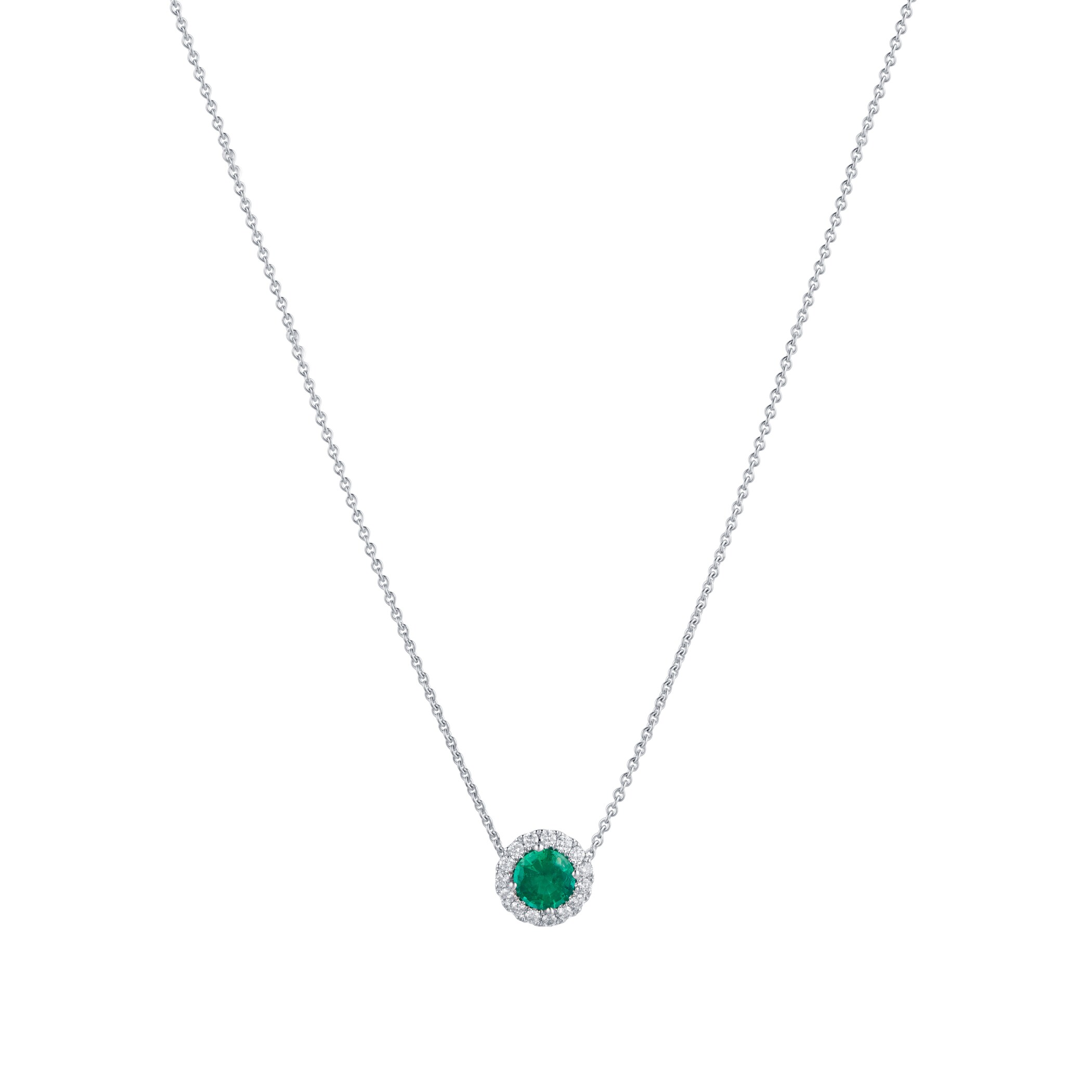 Mappin & Webb Carrington 18ct White Gold 6mm Emerald and 0.20cttw Diamond Pendant