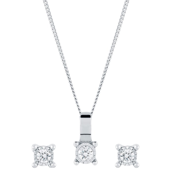 Goldsmiths 9ct White Gold 0.15cttw Illusion Earrings & Pendant Set