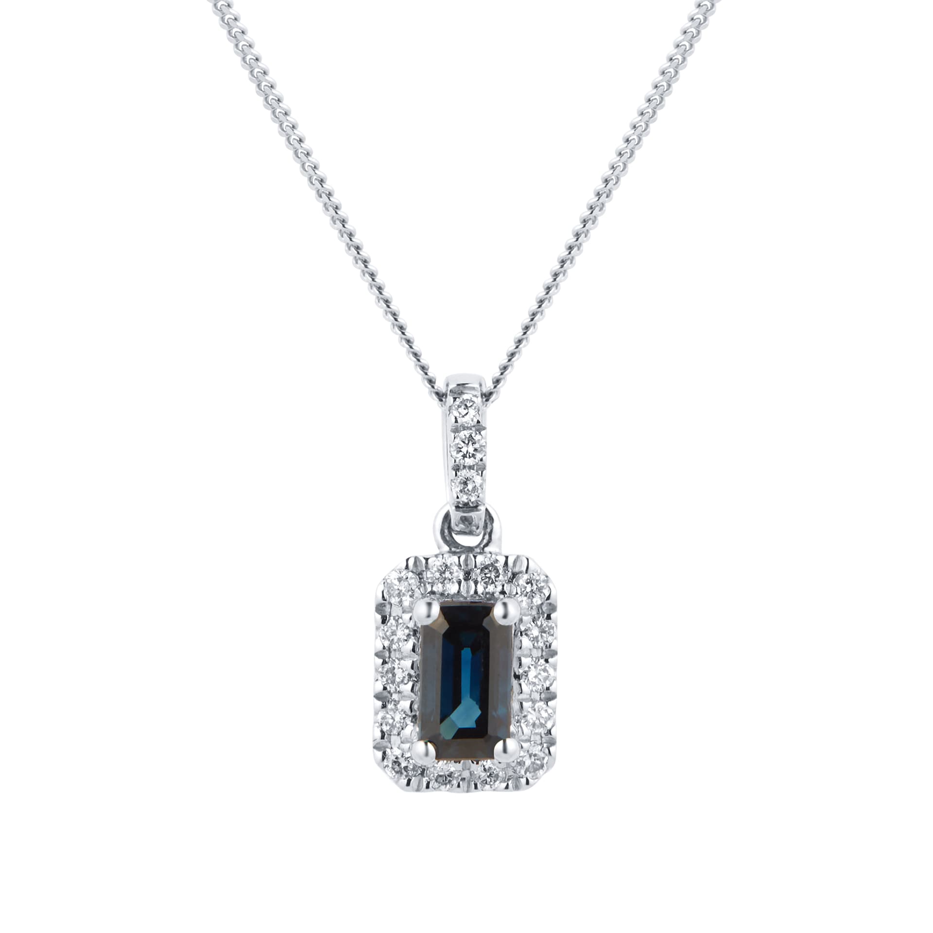 Goldsmiths 9ct White Gold Sapphire and Diamond Halo Pendant Goldsmiths 9ct White Gold Sapphire and Diamond Halo Pendant