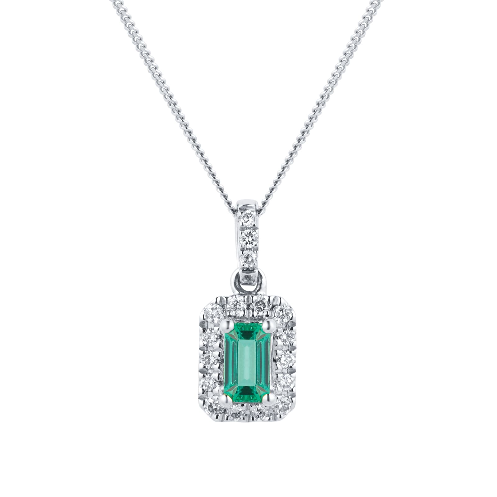 Queen Emerald ~ emerald-cut-emerald-solitaire-pendant-in-18k-white-gold -half-bezel-setting