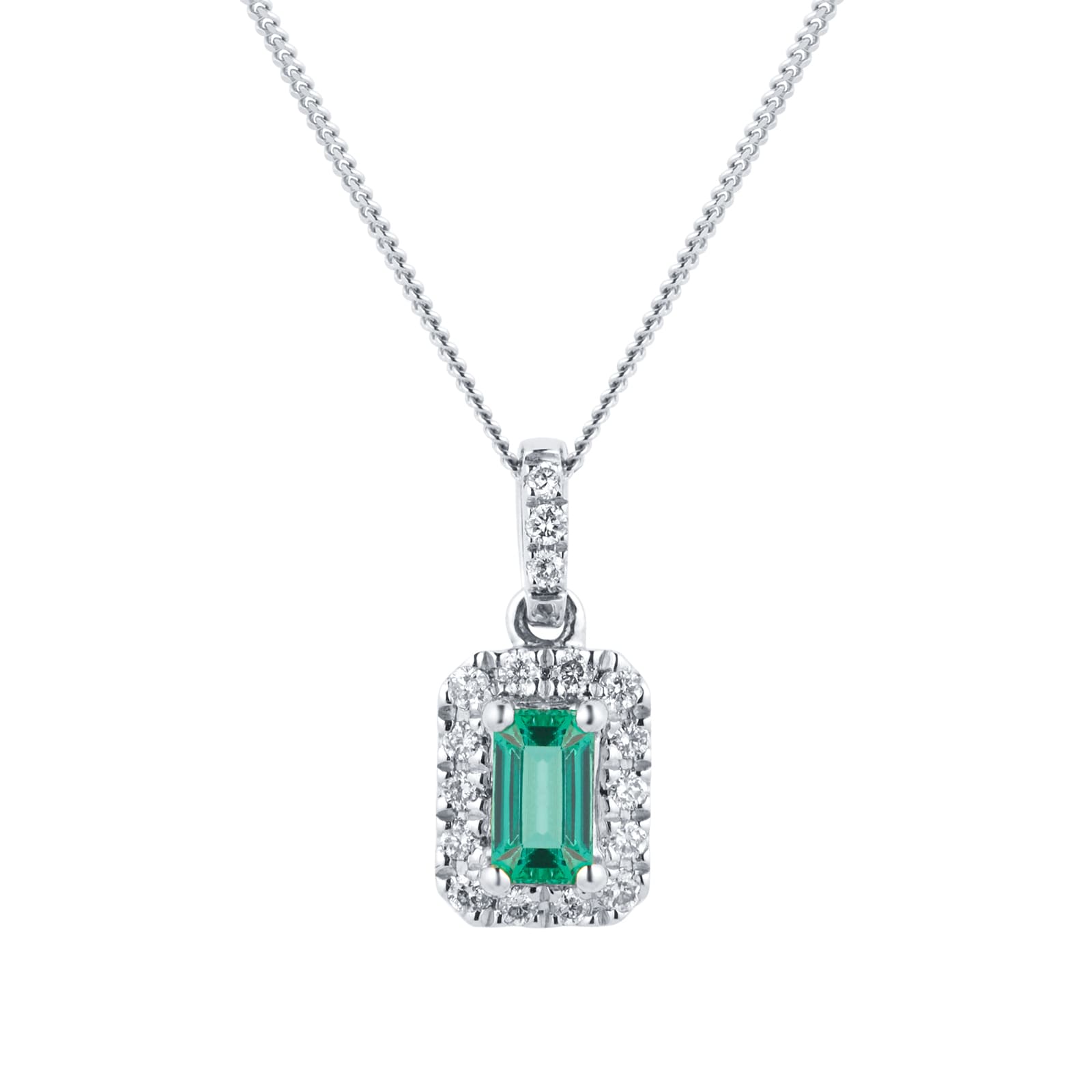 Goldsmiths 9ct White Gold Emerald and Diamond Halo Pendant