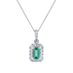 12143091 - 9ct White Gold Emerald and Diamond Halo Pendant