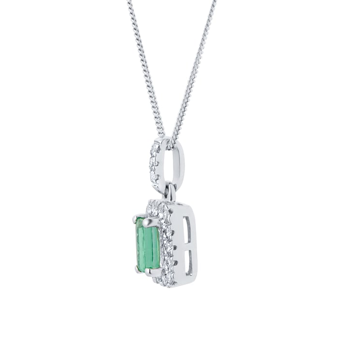 Goldsmiths 9ct White Gold Emerald and Diamond Halo Pendant