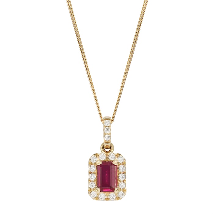 Goldsmiths 9ct Yellow Gold Emerald Cut Ruby & Diamond Halo Pendant