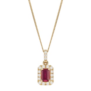 Goldsmiths 9ct Yellow Gold Emerald Cut Ruby & Diamond Halo Pendant