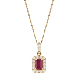 12143092 - 9ct Yellow Gold Emerald Cut Ruby & Diamond Halo Pendant