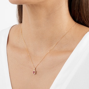 Goldsmiths 9ct Yellow Gold Emerald Cut Ruby & Diamond Halo Pendant